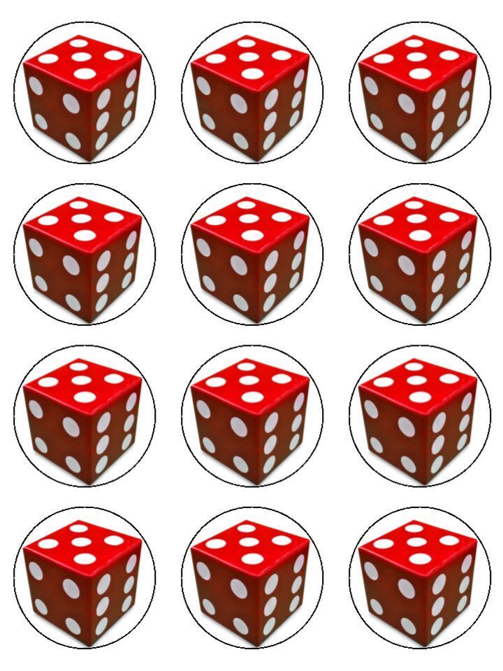 Dice red dice board game Edible Printed Cupcake Toppers Icing Sheet of 12 Toppers