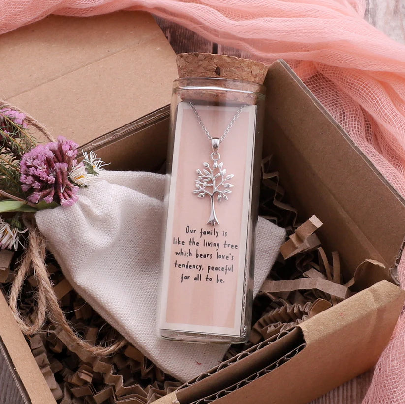Family Tree of Life - Message in a Bottle - Family Tree Necklace- Silver