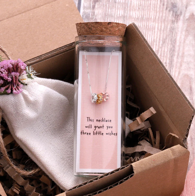 Three Little Wishes - Message in a Bottle - Sterling Silver  Necklace- Silver