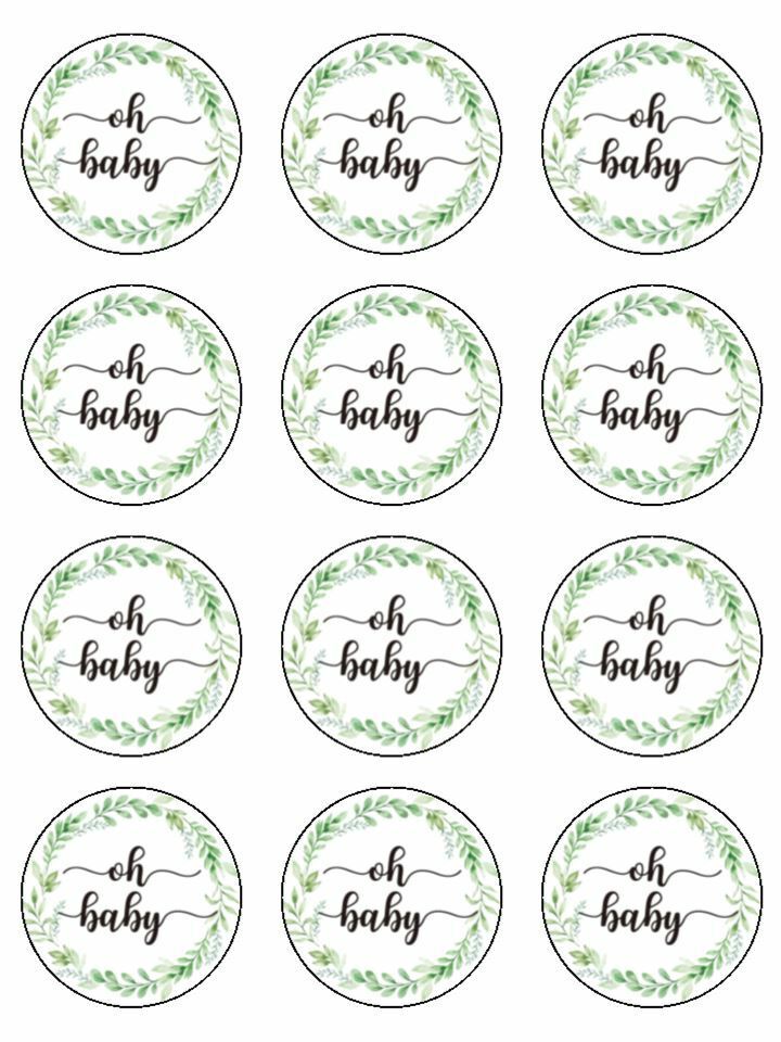 Oh baby foliage green natural edible printed Cupcake Toppers Icing Sheet of 12 Toppers