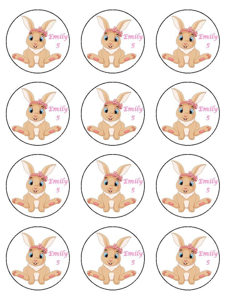 Bunny rabbit cute animal personalised Edible Printed Cupcake Toppers Icing Sheet of 12 Toppers