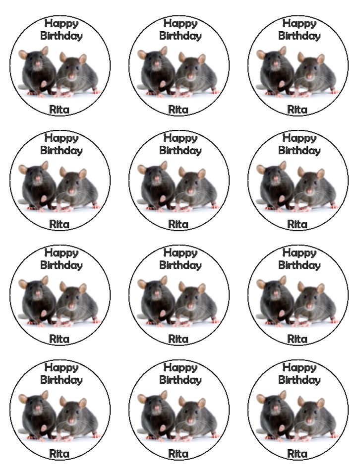 Rats rat family pets personalised Edible Printed Cupcake Toppers Icing Sheet of 12 Toppers