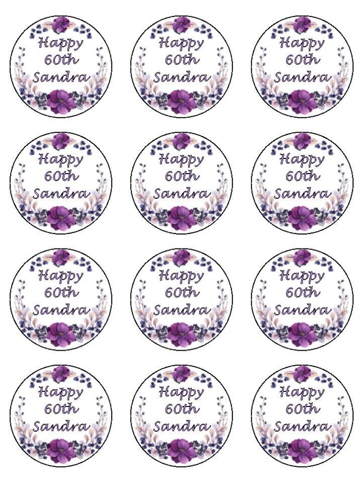 Lilac tones floral birthday personalised Edible Printed Cupcake Toppers Icing Sheet of 12 Toppers