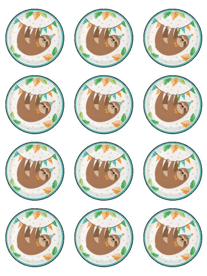 Sloths animal cute Printed Edible Printed Cupcake Toppers Icing Sheet of 12 Toppers