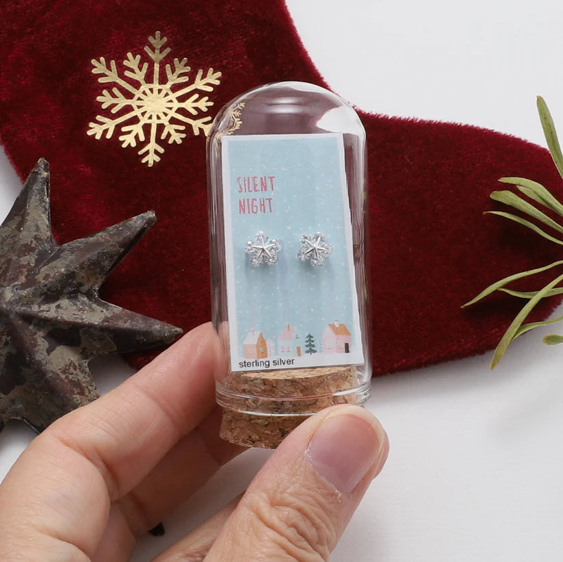Silent Night- Message in a Bottle - Snowflake Stud Earrings with Butterfly Back - Silver