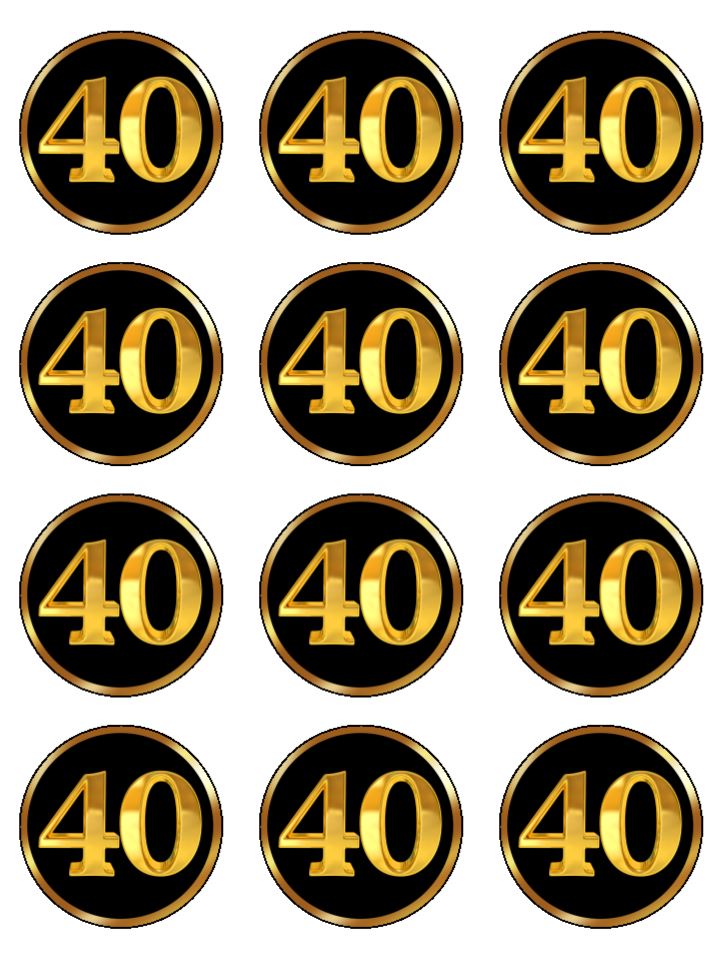 Age Forty 40 40th birthday gold black theme edible printed Cupcake Toppers Icing Sheet of 12 Toppers