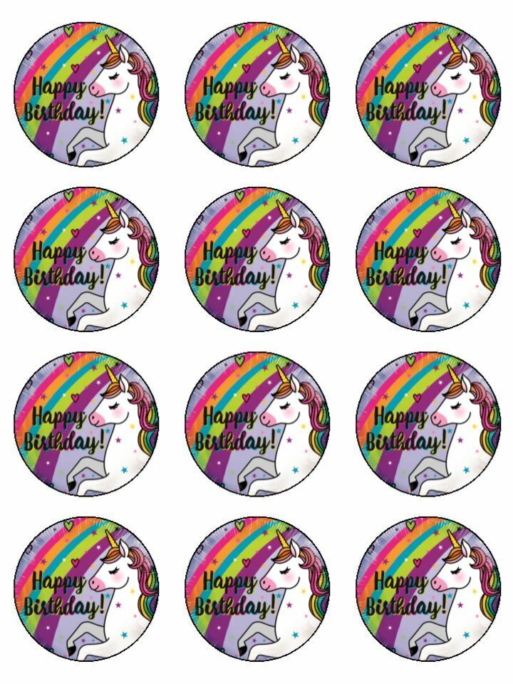 Happy Birthday unicorn colourful edible printed Cupcake Toppers Icing Sheet of 12 Toppers