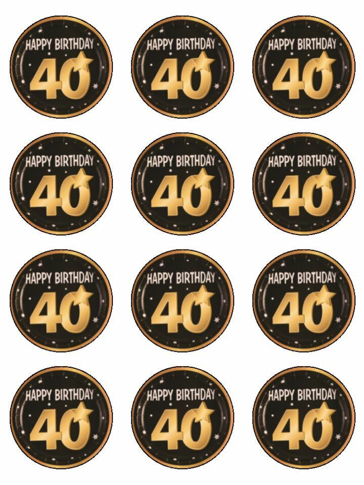 40th birthday gold black theme edible printed Cupcake Toppers Icing Sh for Free Printable 40th Birthday Cupcake Toppers