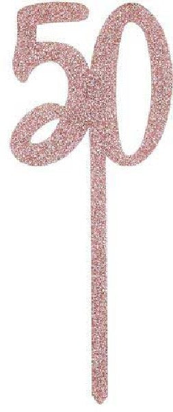 Rose Gold Glitter Acrylic Number 50 50th Age Cake Topper - The Cooks Cupboard Ltd