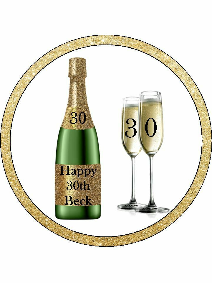 30th birthday gold champagne Personalised Edible Cake Topper Round Icing Sheet - The Cooks Cupboard Ltd