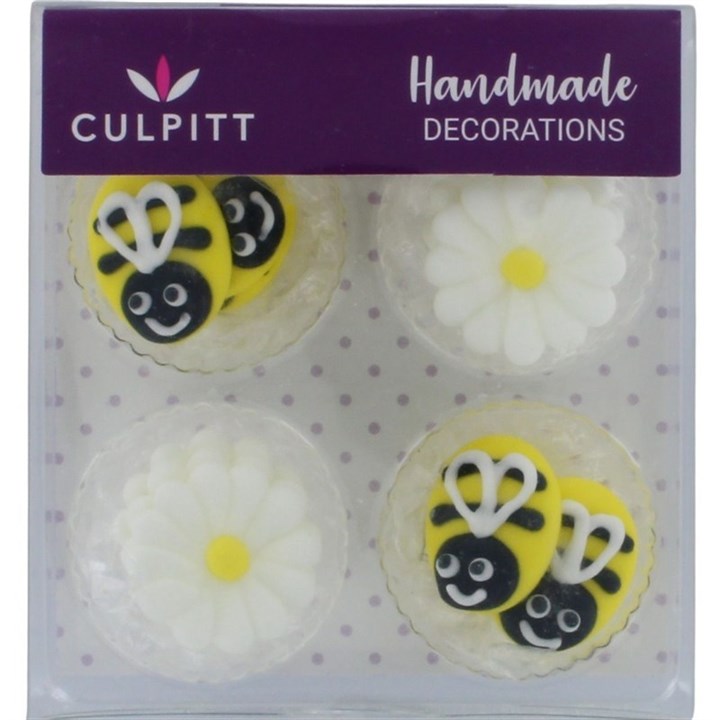 Bee and Daisy Edible Piped Sugar Decorations pack of 12 - The Cooks Cupboard Ltd