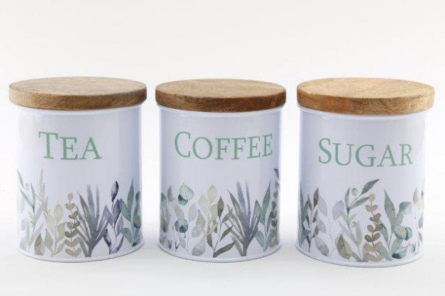 Olive Grove Printed Metal Storage cannister with Wooden Lid - Coffee - The Cooks Cupboard Ltd