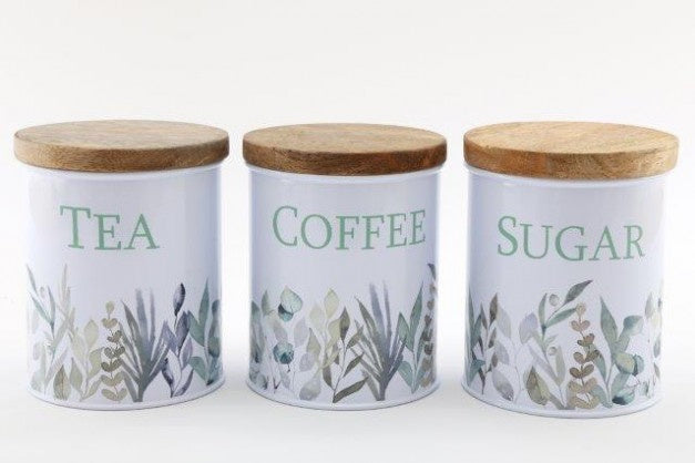 Olive Grove Printed Metal Storage cannister with Wooden Lid - Tea - The Cooks Cupboard Ltd