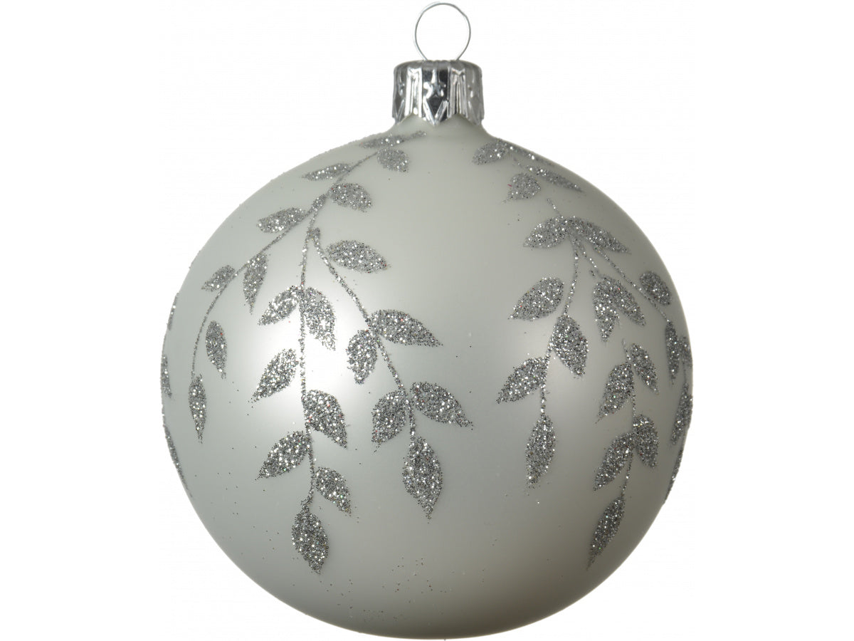 White Pearl Toned Christmas Hanging Bauble with Silver Glitter Leaf Detail - Kate's Cupboard