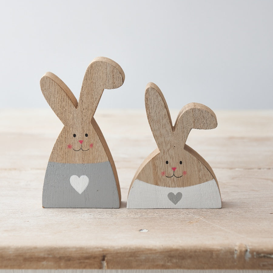Wooden Rabbit Decorative Ornament with Grey and White Heart Detail - Sold Singly