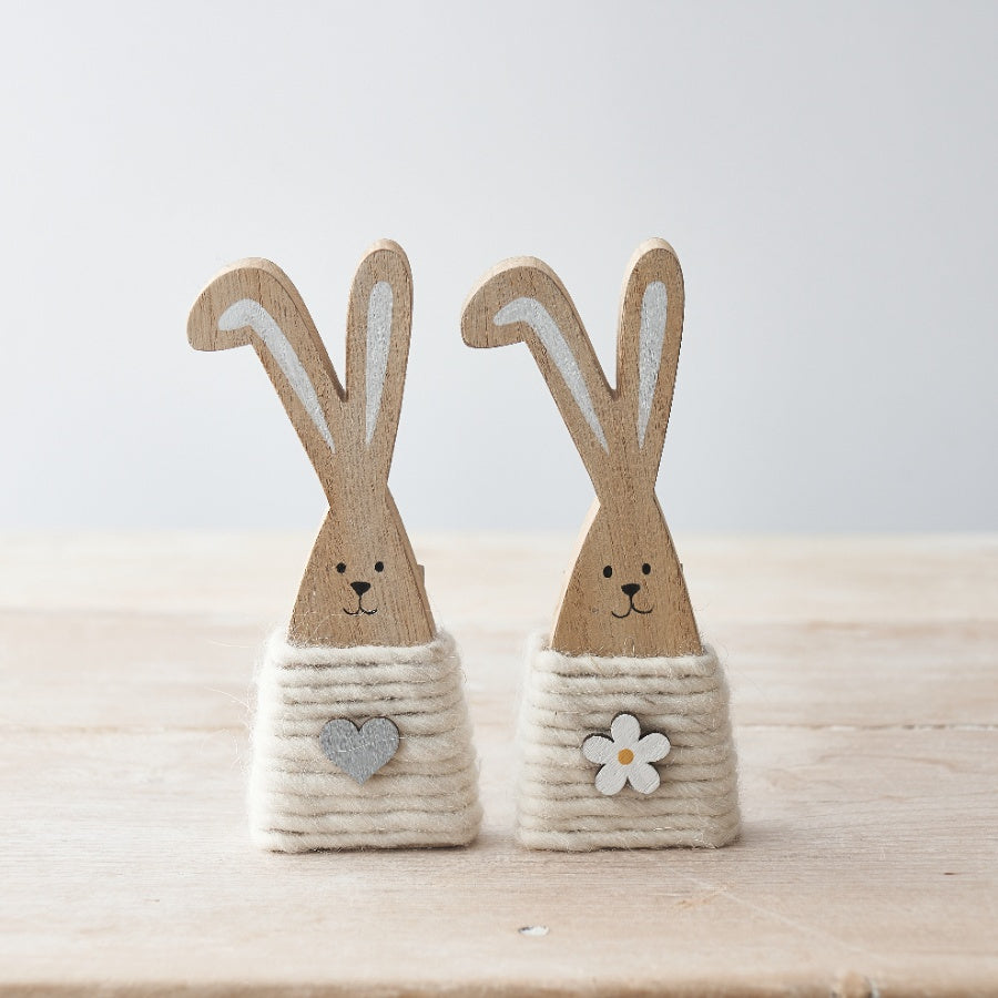 Wooden Wool Wrapped Decorative Easter Bunny Rabbit Spring Decoration - Sold Singly