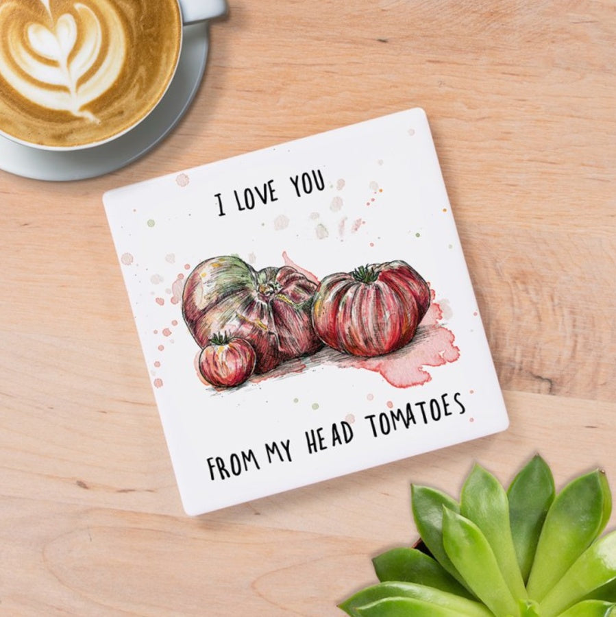 Ceramic Tomato Coaster with Cork Back - I Love You from my Head Tomatoes