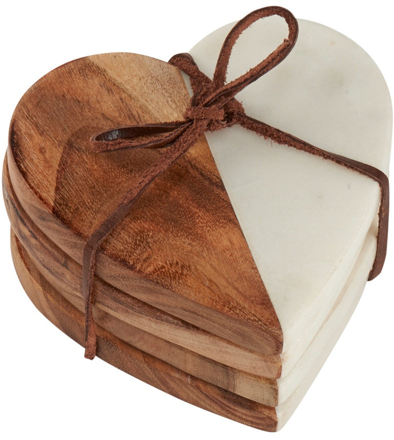 Wood and Marble Heart Shaped Set of Four Drinks Coasters