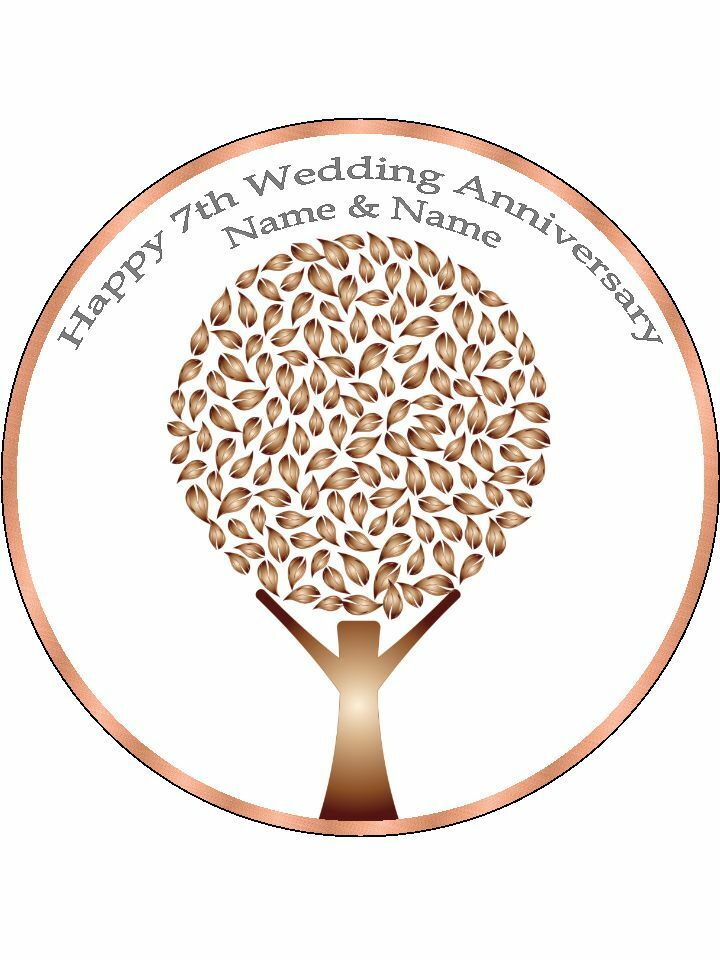 7th Copper Wedding Anniversary Personalised Edible Cake Topper Round Icing Sheet - The Cooks Cupboard Ltd