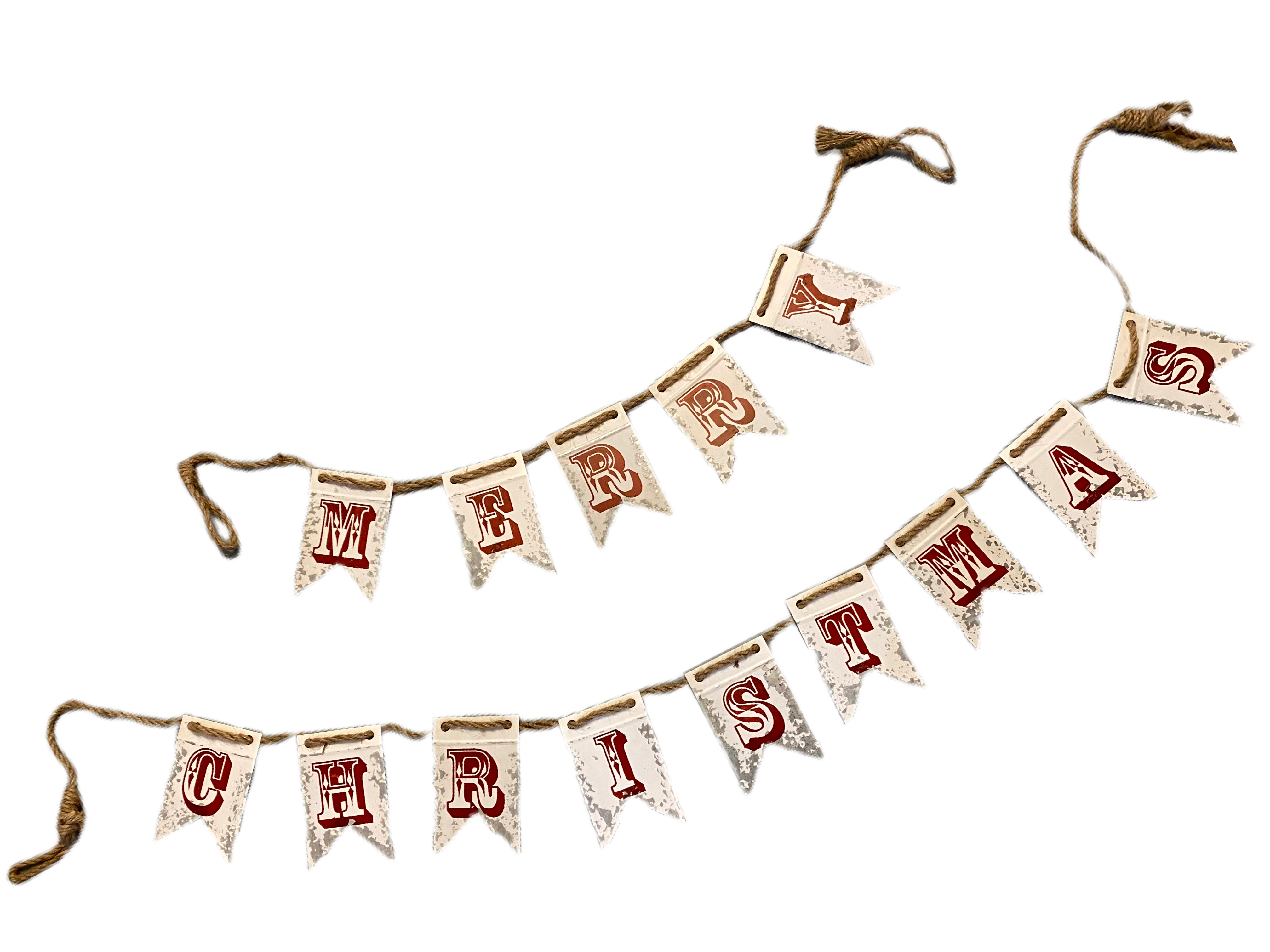 'Merry Christmas' Distressed Large Metal Pennant Christmas Garland on Rustic Rope - Kate's Cupboard