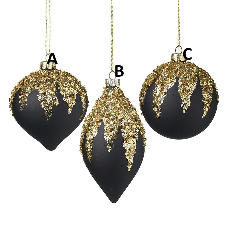 Black and Gold Glitter Topped Vintage Style Bauble - Sold Singly - Kate's Cupboard