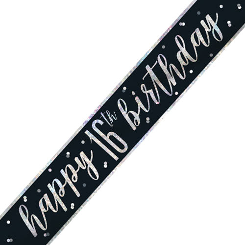 Black & Silver Age 16 16th Birthday Celebration Happy Birthday Banner