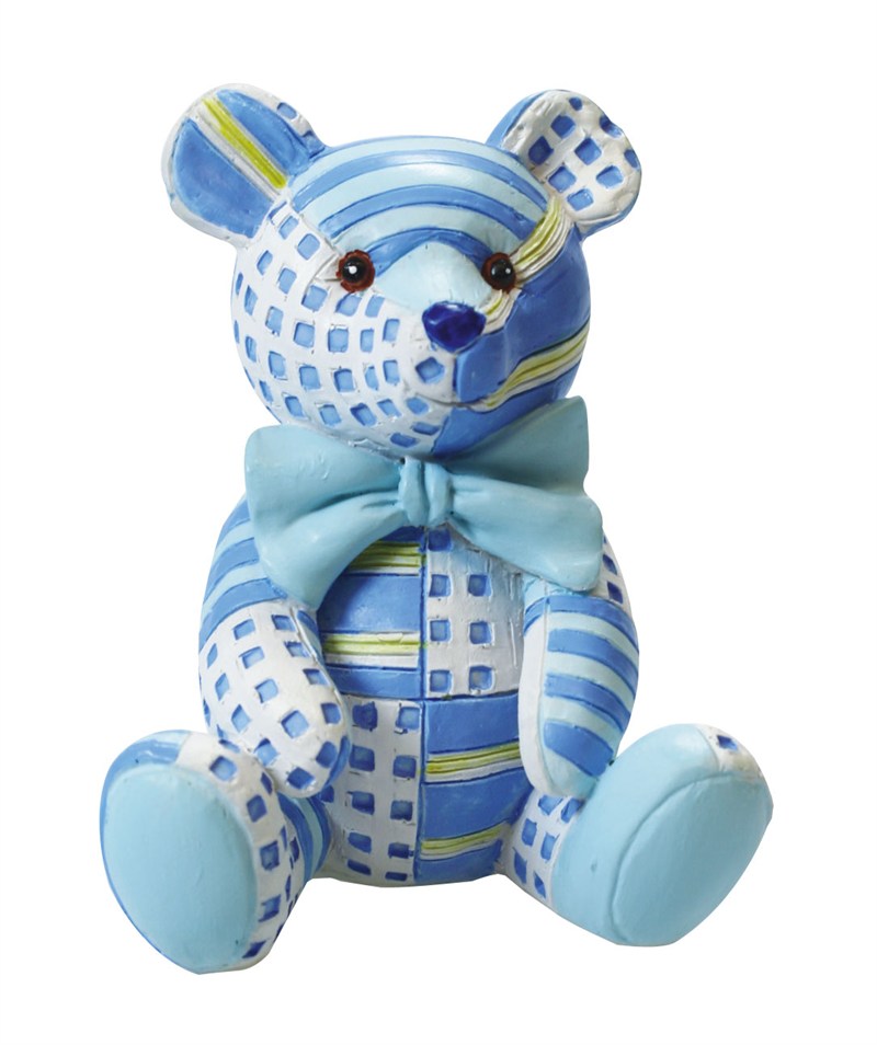 Cake Topper Figurine - Blue Patchwork Ted Teddy Teddy Bear Baby Boy. - The Cooks Cupboard Ltd