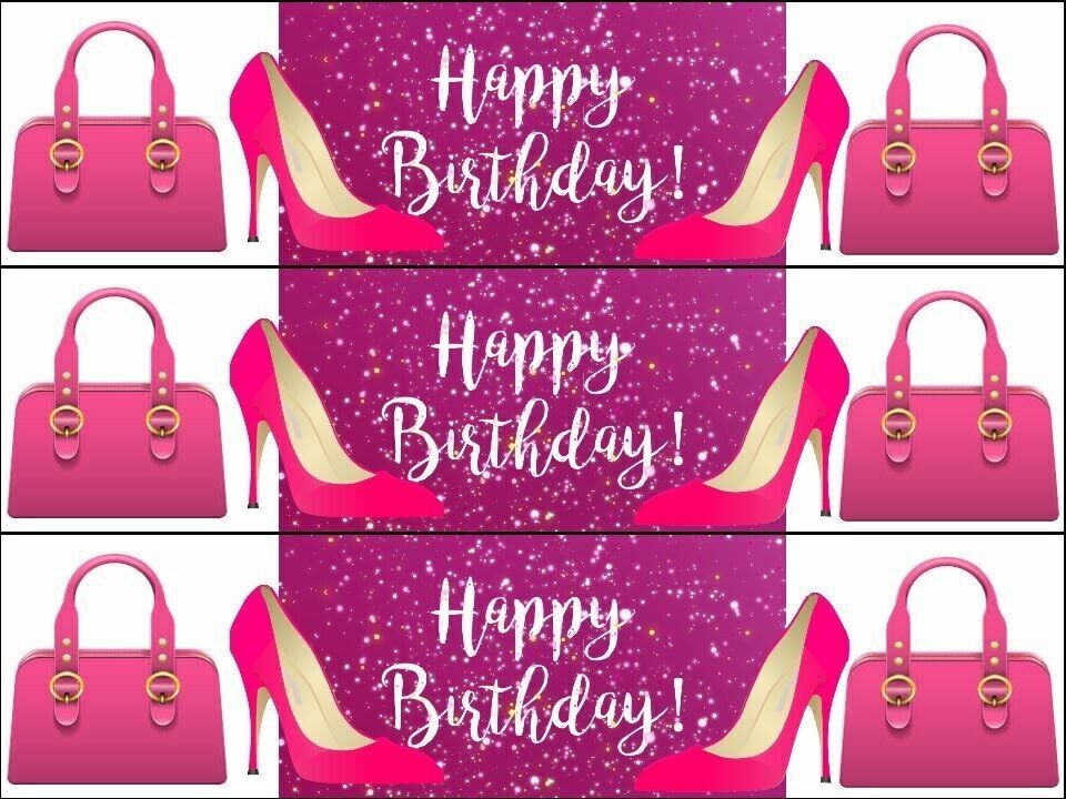 Hand bags shoes girly pink Happy Birthday Ribbon Border Edible Printed Icing Sheet Cake Topper