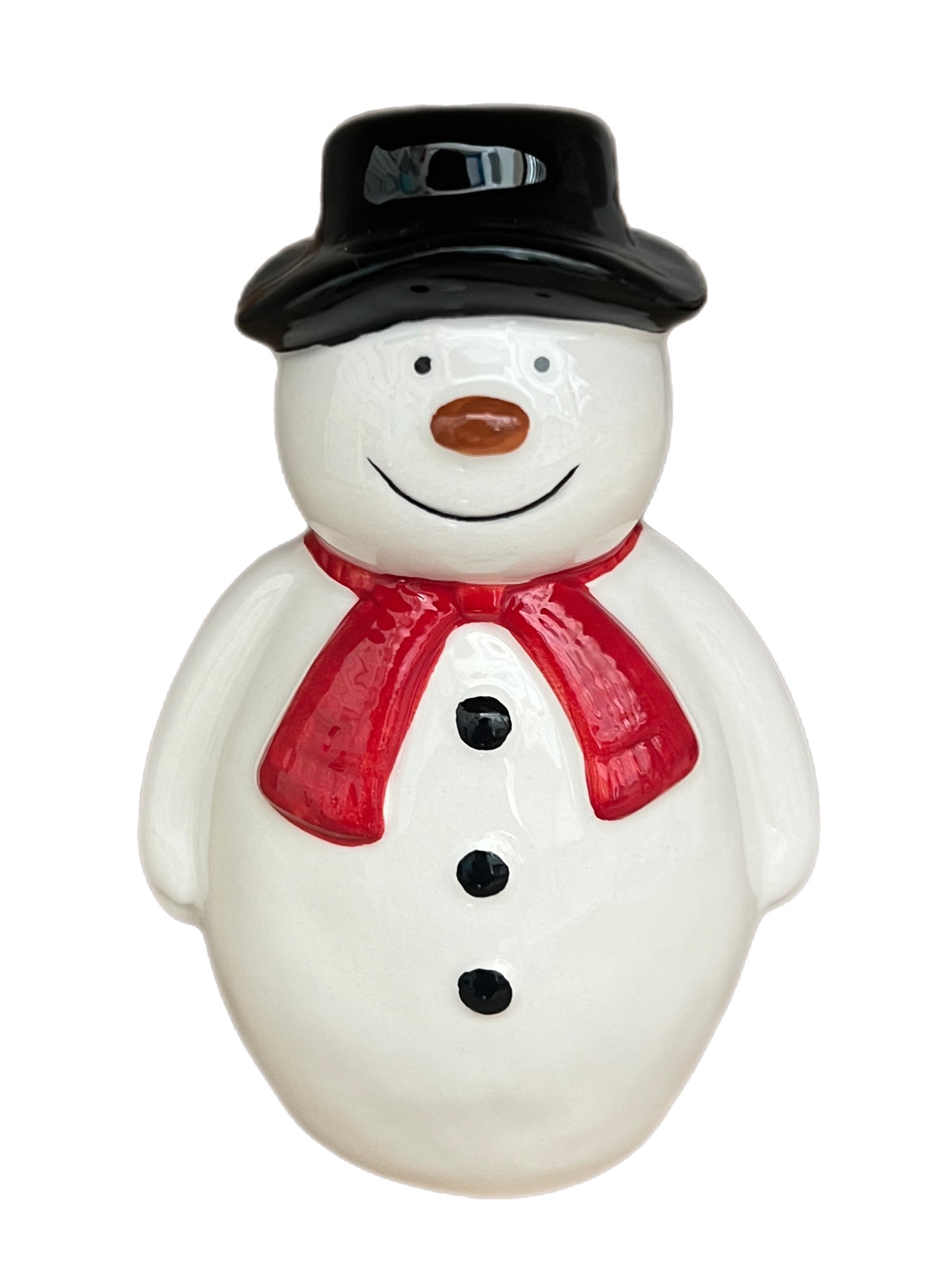 Ceramic Decorative Snowman Ornament Wearing a Traditional Hat and Red Scarf