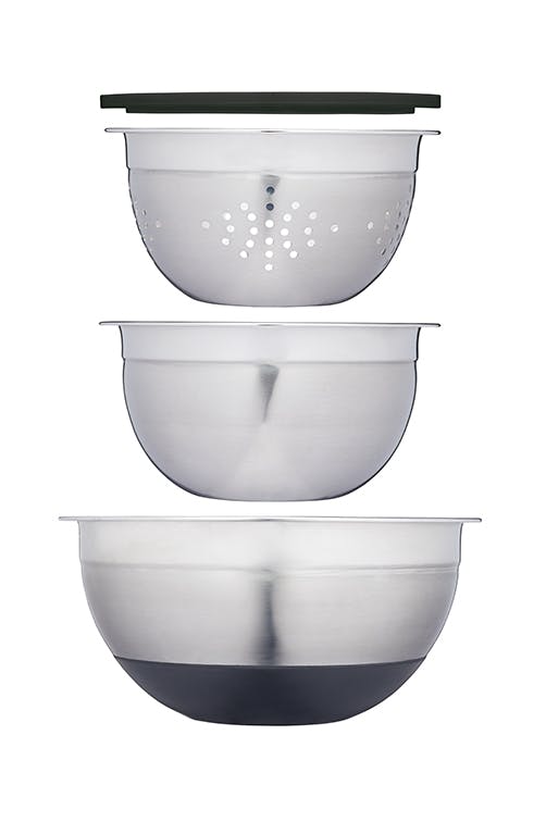 MasterClass Smart Space Stainless Steel Three Piece Bowl Set with Colander - The Cooks Cupboard Ltd