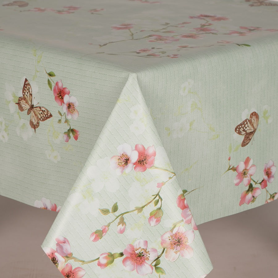 Green Blossom & Butterfly PVC Wipe Clean Vinyl Table Covering / Table Cloth - The Cooks Cupboard Ltd