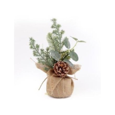 Mini Artificial Festive Foliage Display in Hessian with Eucalyptus and Pine Cone