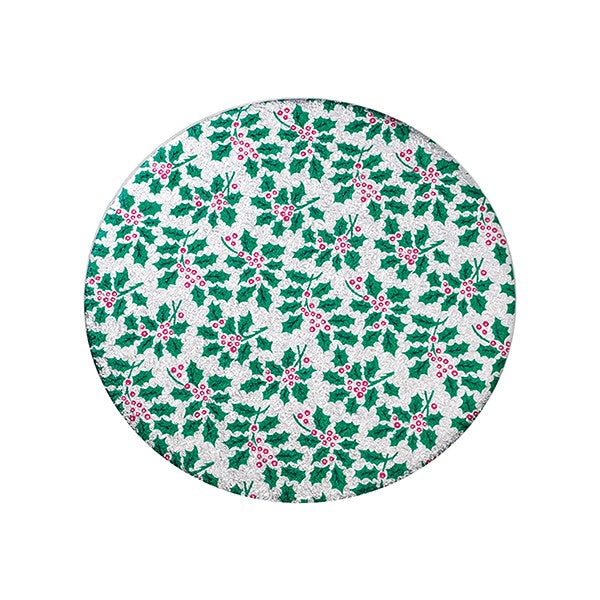 Round Christmas Cake Board Silver with Holly Pattern - 6'' - The Cooks Cupboard Ltd