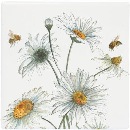 Fine China Bee-tanical Coaster with Cork Back - Daisy and Bees