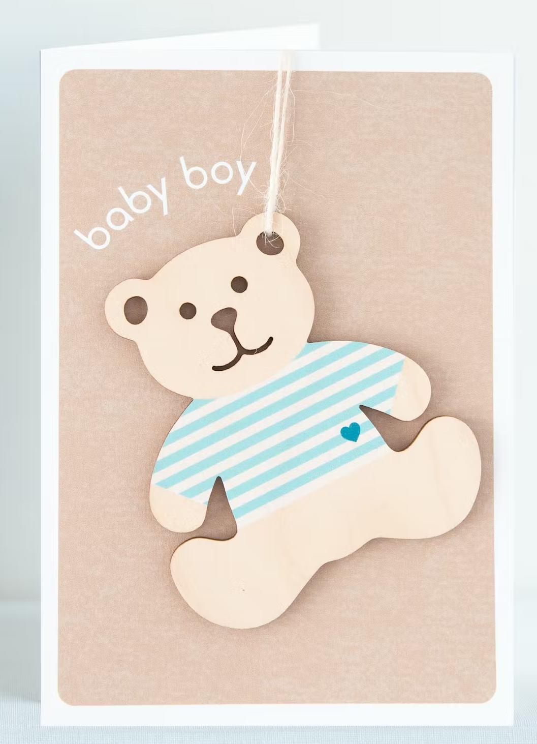 Greeting Card with Envelope -  Baby Boy with Wooden Keepsake Teddy Bea