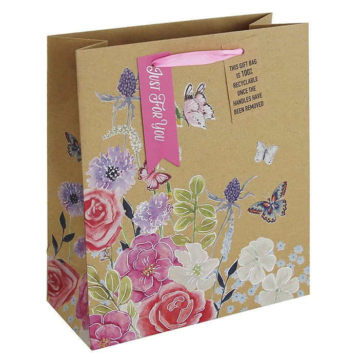 Kraft Summer Butterfly and Floral Design Gift Bag - Medium