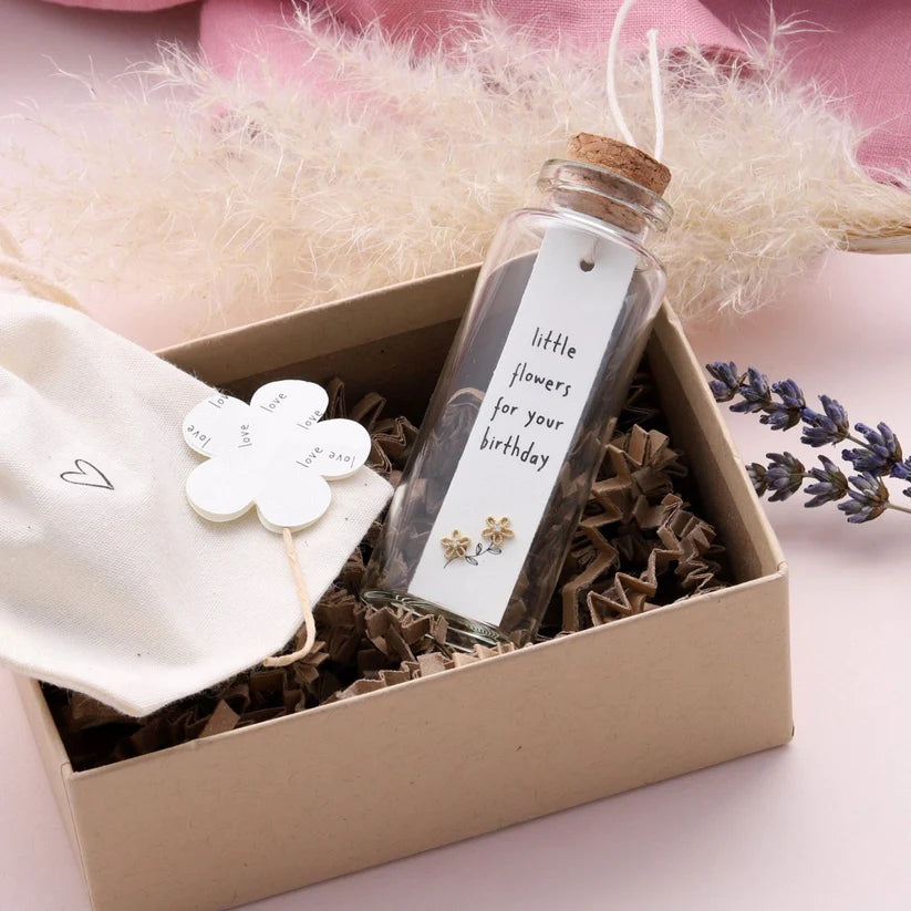 Little Flowers for your birthday - Message in a Bottle - Flower Stud Earrings with Butterfly Back - Gold