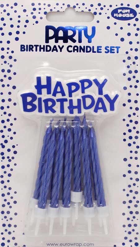 Pack of 12 Candles with Matching Happy Birthday Motto Cake Decoration - Blue