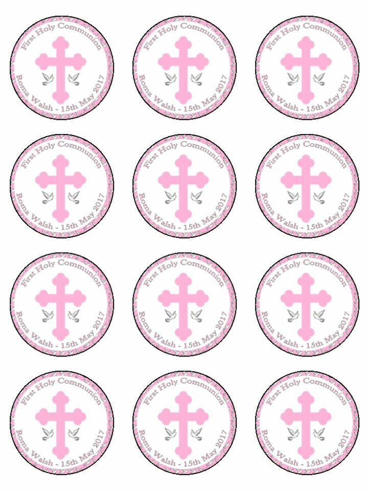Personalised First 1st Holy Communion Pink Cross Edible Printed Cupcake Toppers Icing Sheet of 12 Toppers