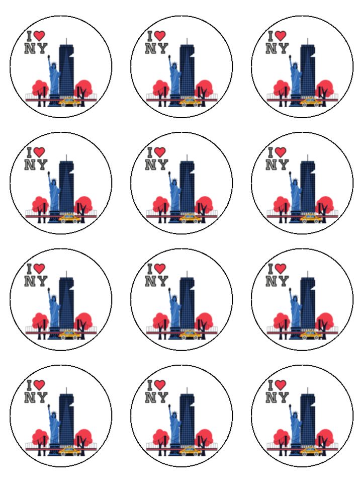 New York City I Love NYC Edible Printed Cupcake Toppers Icing Sheet of 12 Toppers