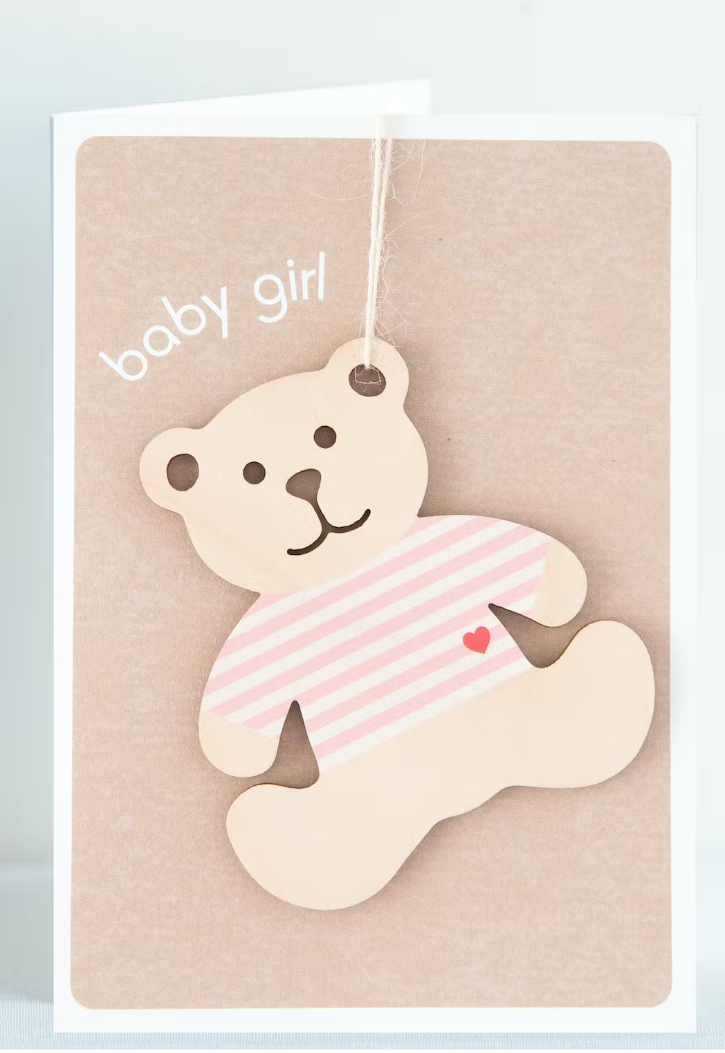 Greeting Card with Envelope - Baby Girl with Wooden Keepsake Teddy Bear