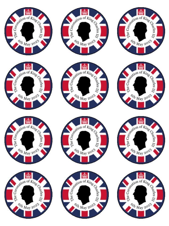 King Charles III coronation royal family Patriotic Edible Printed Cupcake Toppers Icing Sheet of 12 Toppers