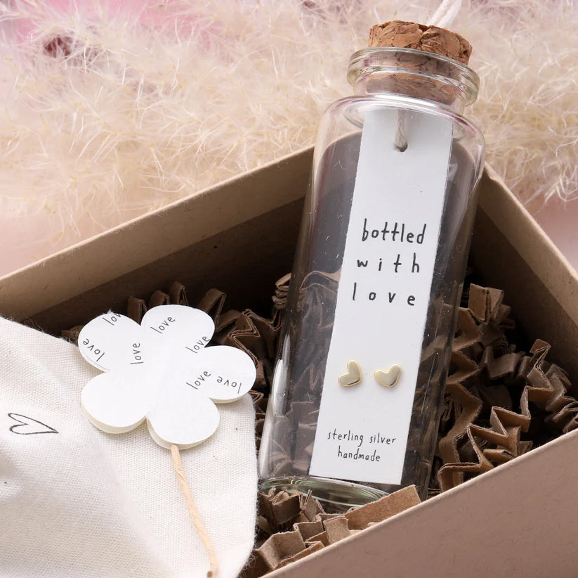 Bottled with Love - Message in a Bottle - Heart Stud Earrings with Butterfly Back - Gold