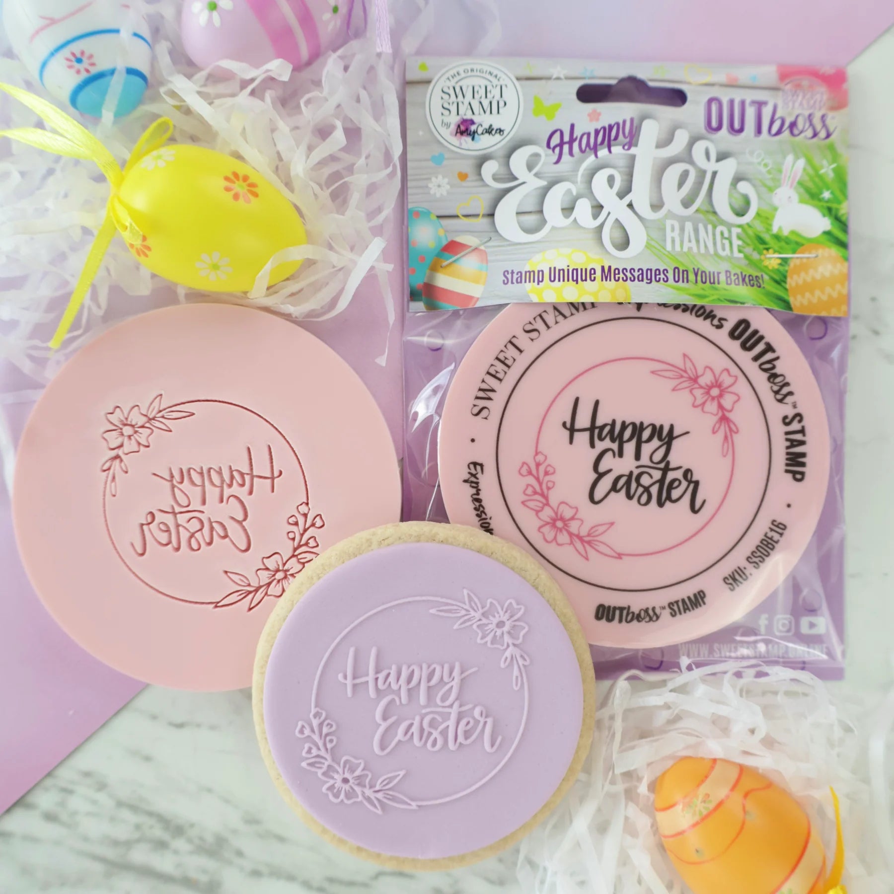 Sweet Stamp OUTboss Outbossing Sugarcraft Stamp - Happy Easter with Floral Frame