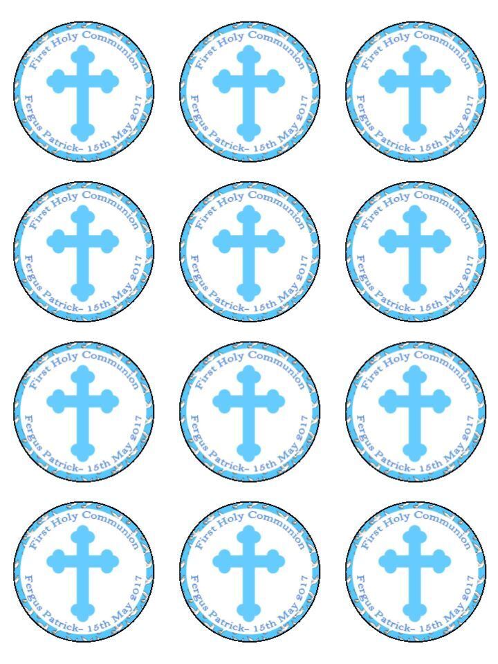Personalised First Holy Communion Blue Cross Edible Printed Cupcake Toppers Icing Sheet of 12 Toppers