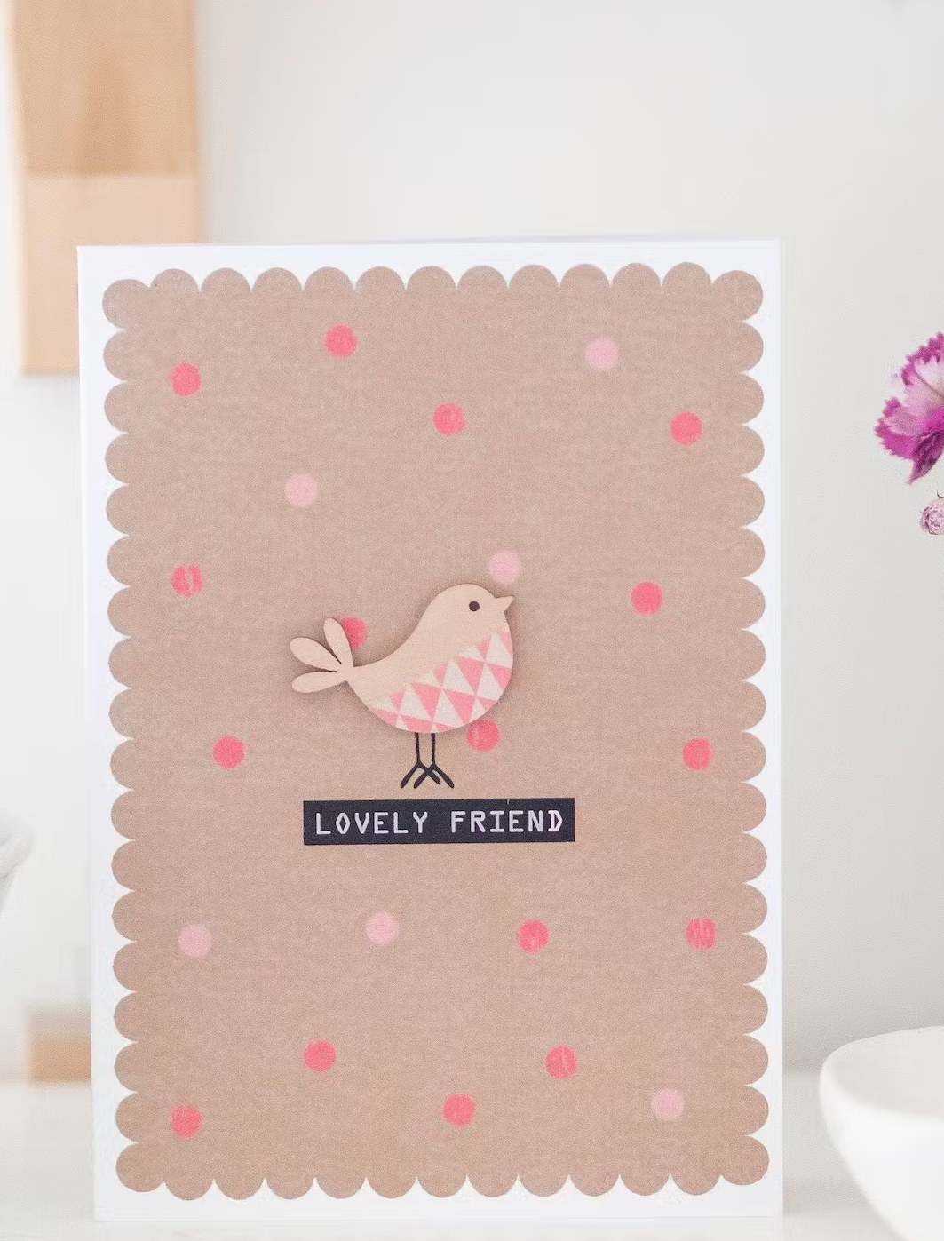Greeting Card with Envelope -  Lovely Friend with Wooden Bird Detail