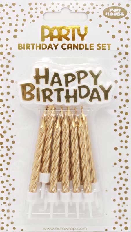 Pack of 12 Candles with Matching Happy Birthday Motto Cake Decoration - Gold