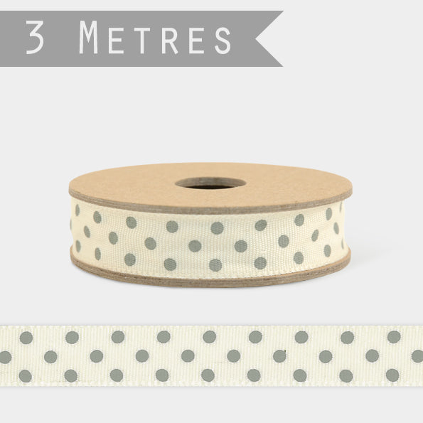 Cream with Grey Spots 15mm Ribbon 3 Metre Roll - Kate's Cupboard
