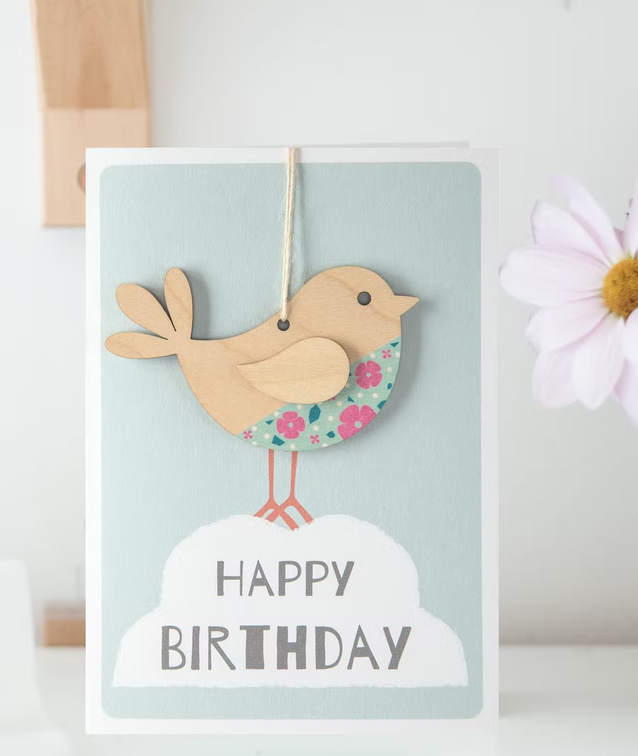 Greeting Card with Envelope -  Happy Birthday with Wooden Keepsake Bird