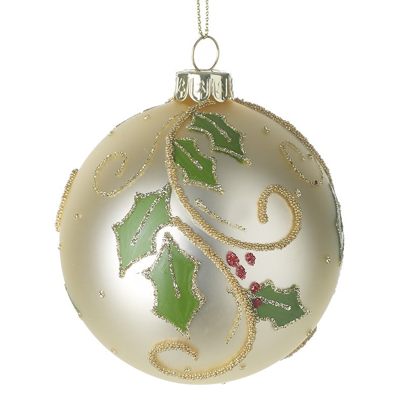 Soft Gold Glass Festive Bauble with Holly Glitter Leaf Design by Heaven Sends